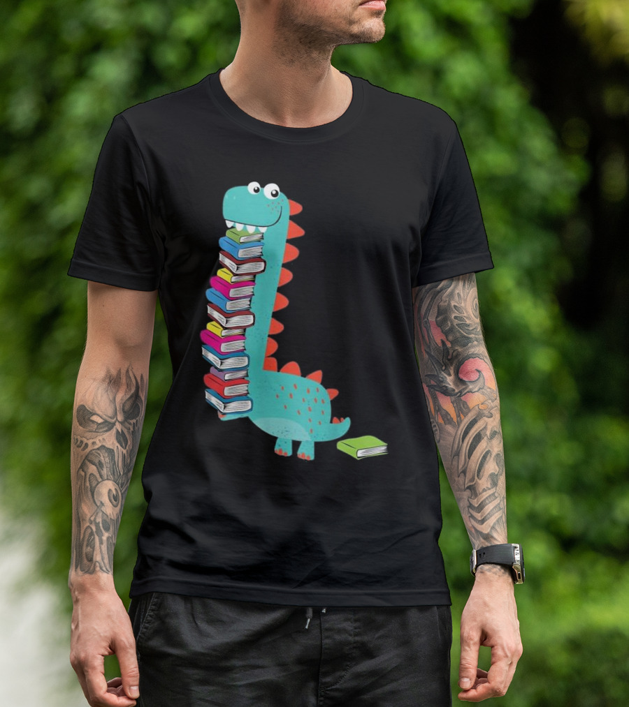 Cute Dinosaur Loves Book And Reading Book Fun Stack T-Shirt