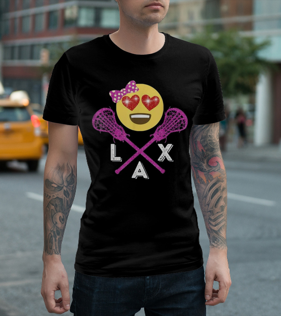 Cute Emoji Lacrosse Player LAX Heart Eyes Bow And Pink Sticks T-Shirt