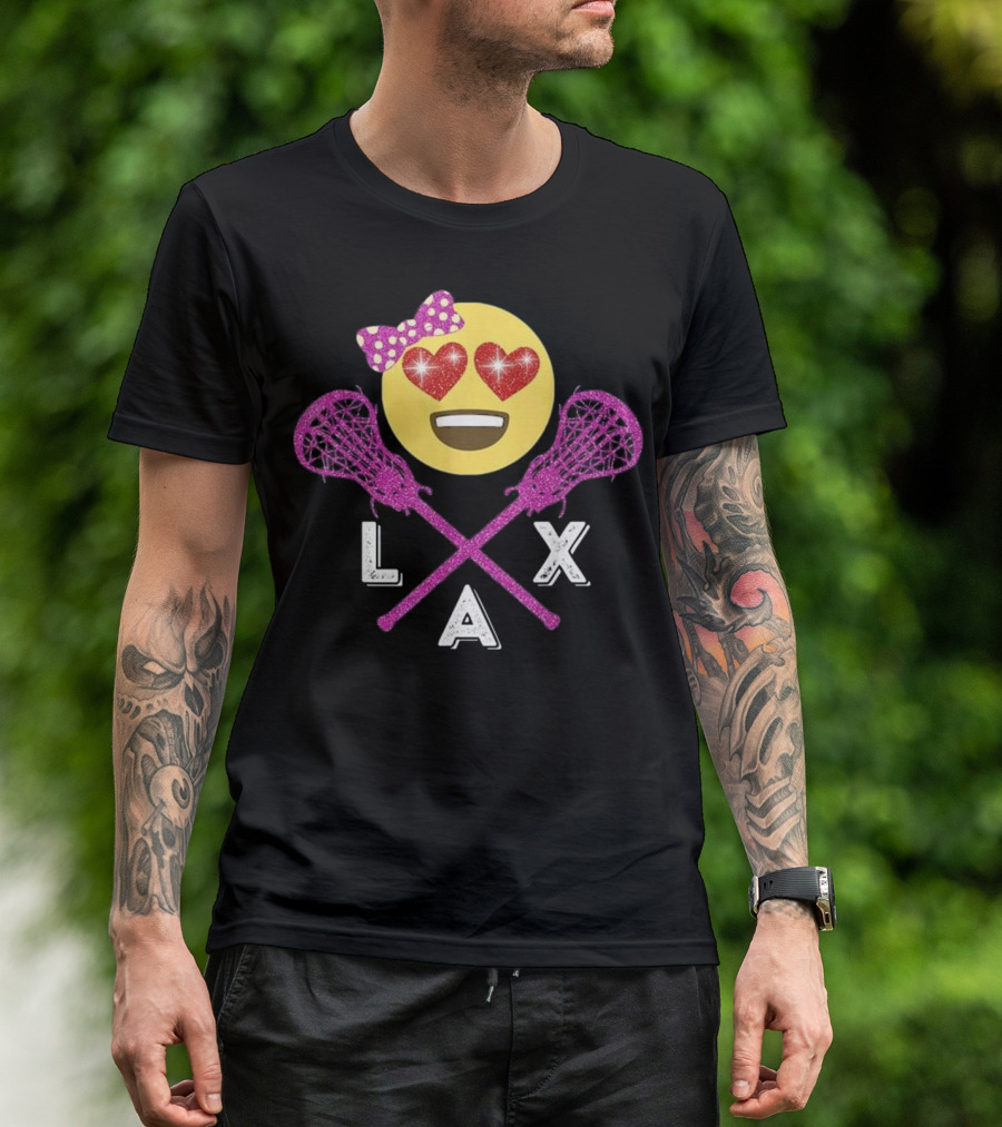Cute Emoji Lacrosse Player LAX Heart Eyes Bow And Pink Sticks T-Shirt