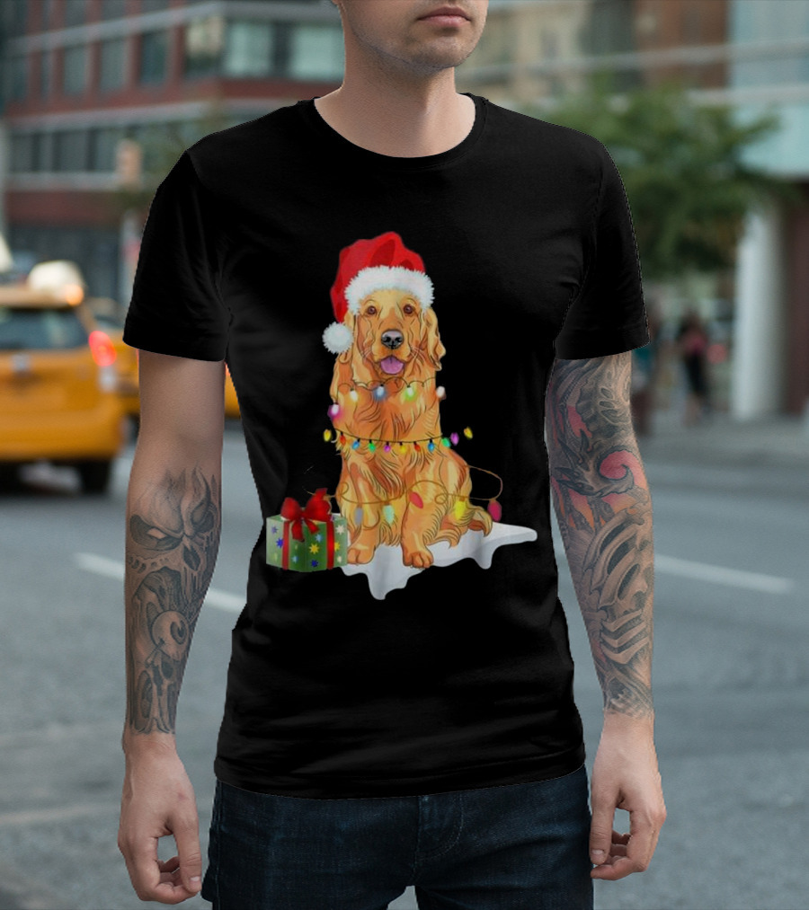 Golden Retriever Santa with Christmas Lights and Present T-Shirt