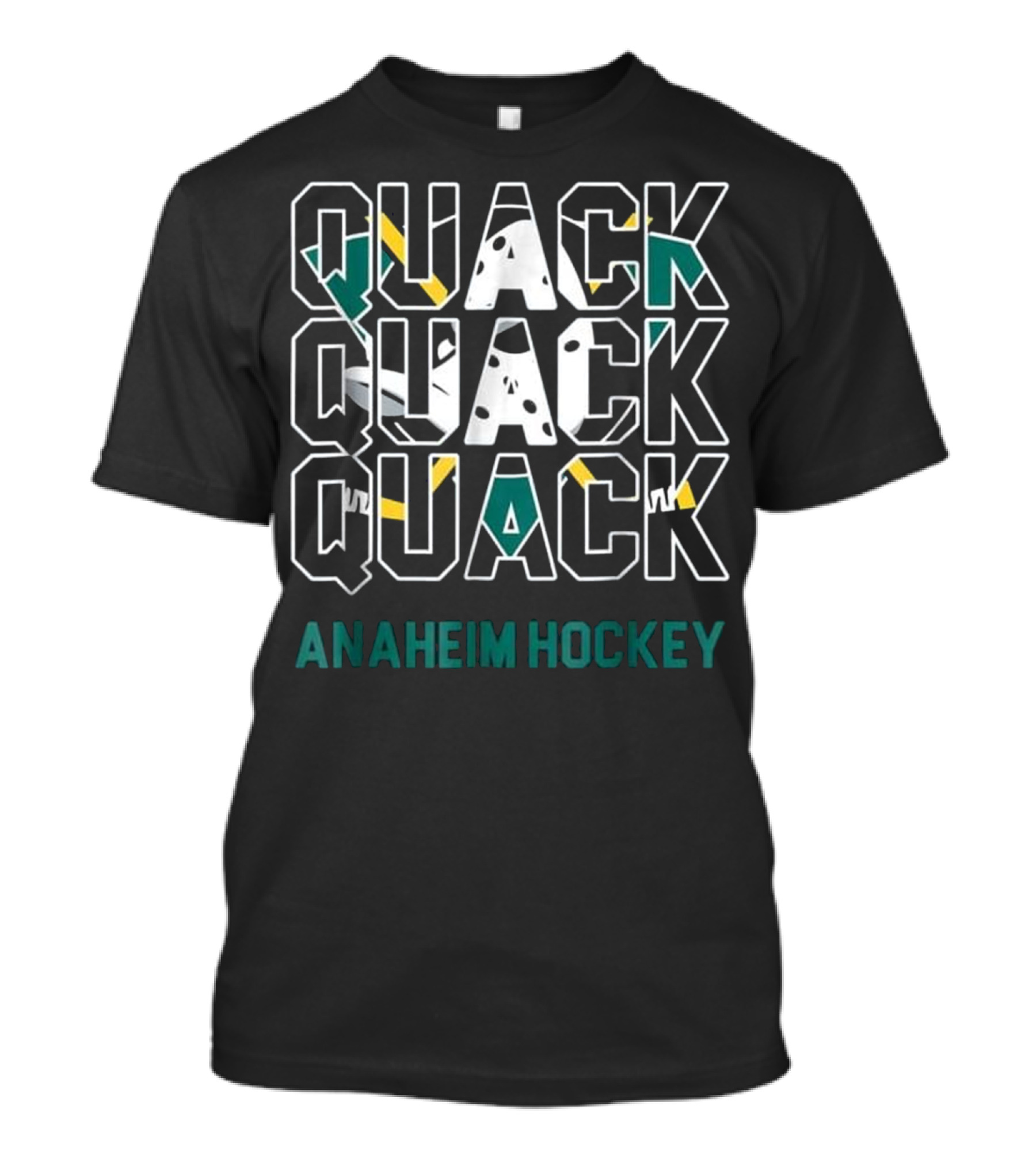 Anaheim Hockey Quack Quack Quack Vintage Ducks Mask Green Teal Yellow Stripes T-Shirt