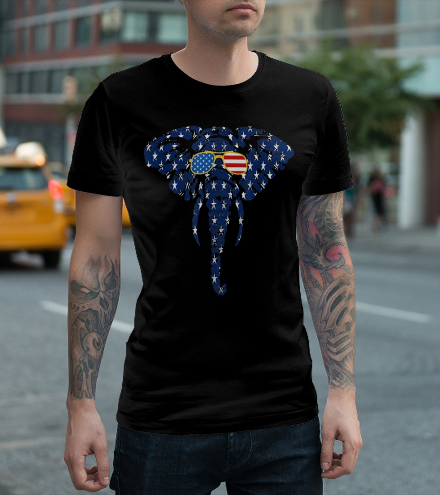 Patriotic American Flag Elephant Glasses 4th Of July T-Shirt