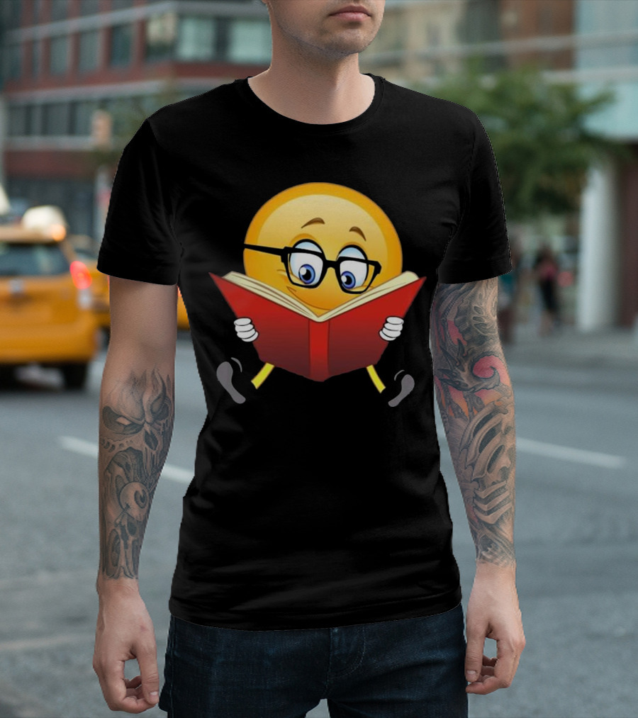 Nerdy Emoji with Glasses Reading a Cute Funny Book T-Shirt