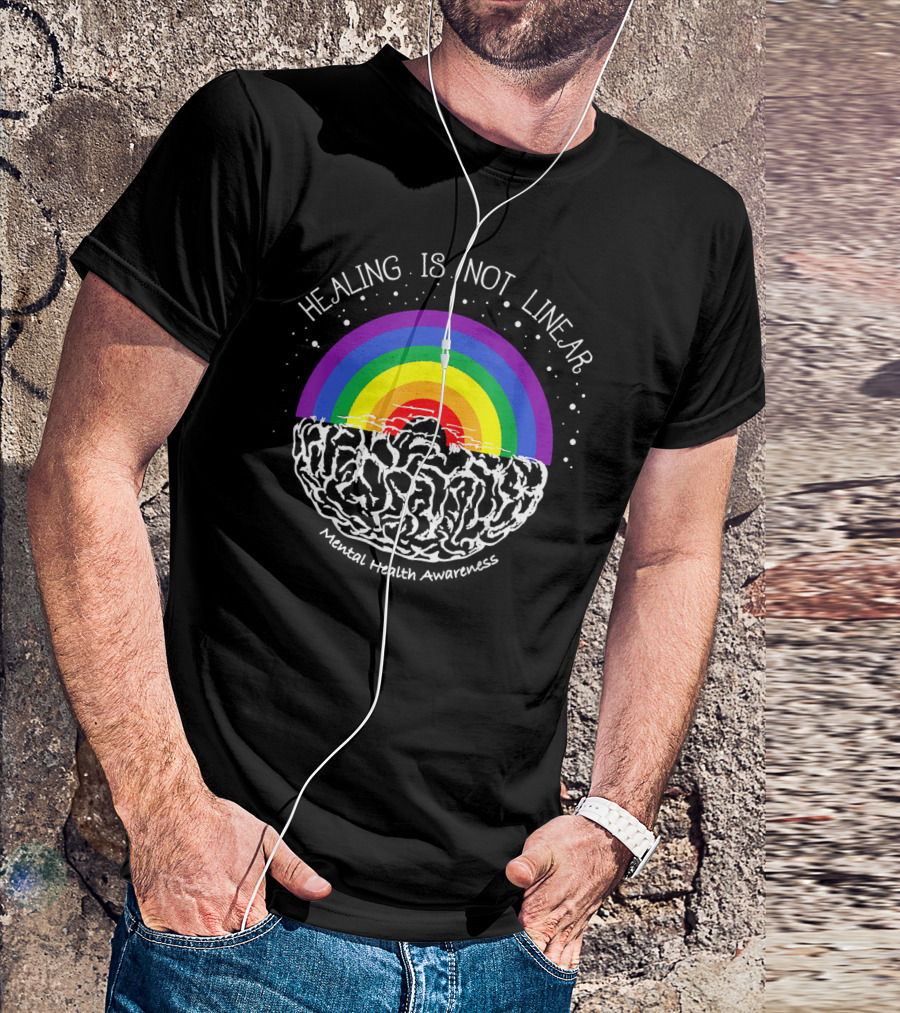 Healing Is Not Linear Mental Health Awareness Rainbow Brain T-Shirt