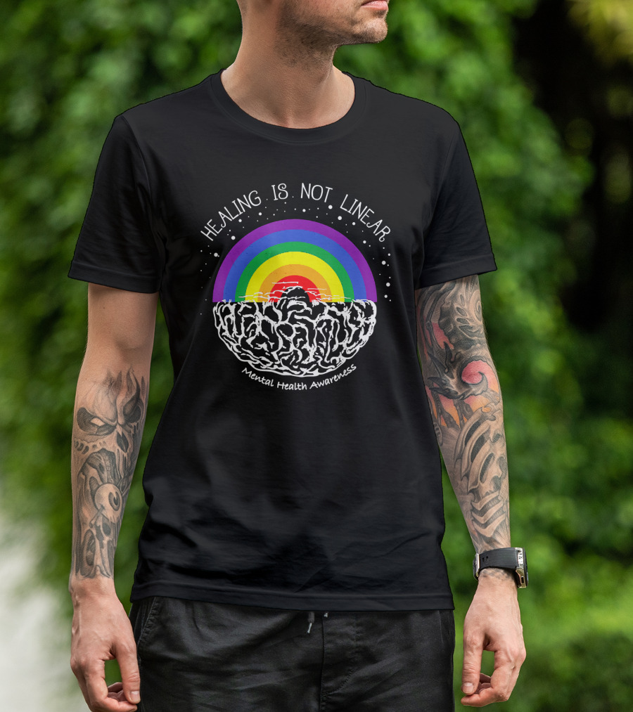 Healing Is Not Linear Mental Health Awareness Rainbow Brain T-Shirt