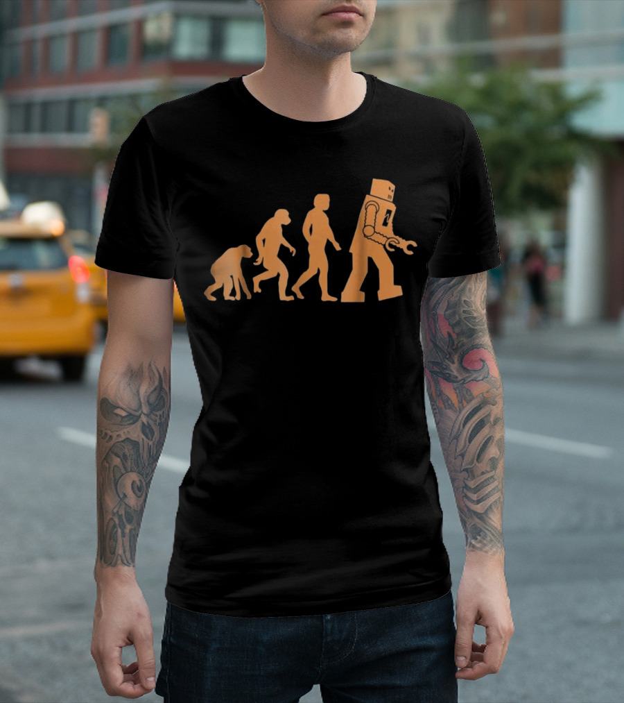 Prehistoric Ape to Monkey to Man to Robo Evolution Sequence T-Shirt