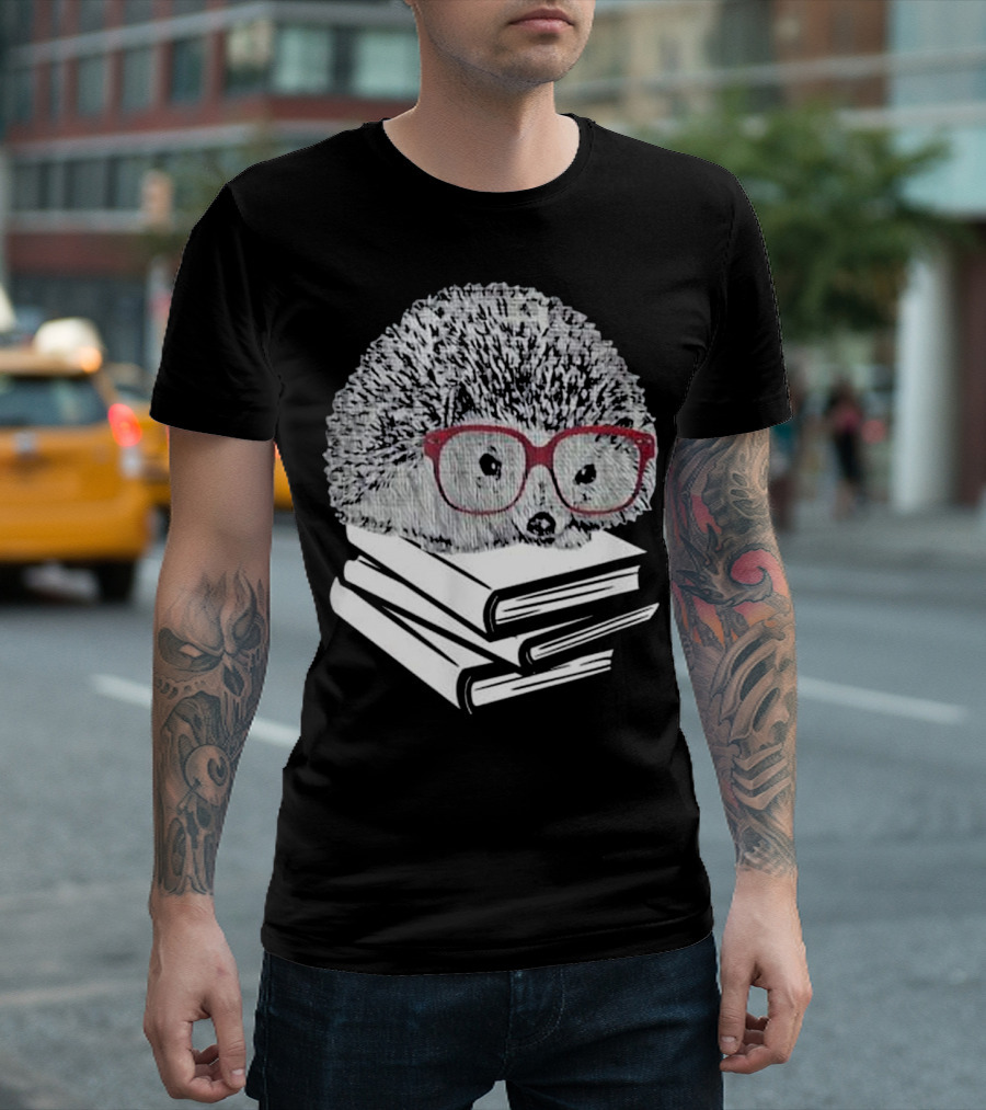 Hedgehog Glasses Lover On Books Stack T-Shirt