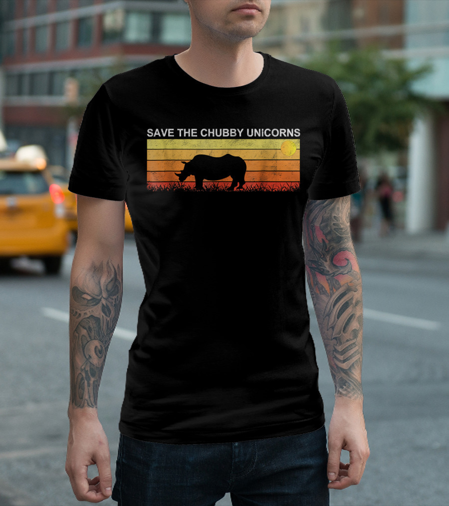 Save The Chubby Unicorns Rhino Vintage Retro Sunset T-Shirt