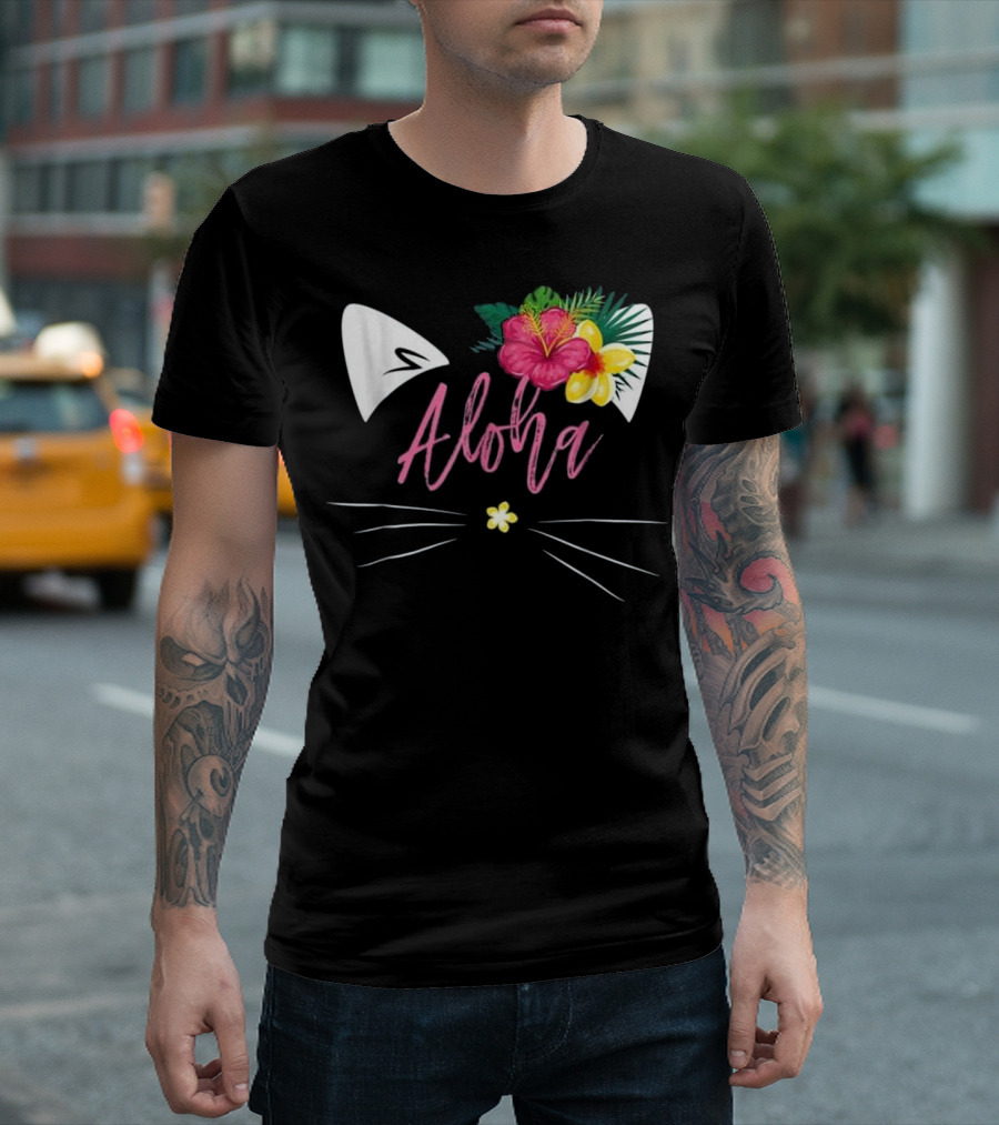 Aloha Kitty Hawaii Island Cute Cat Flowers T-Shirt