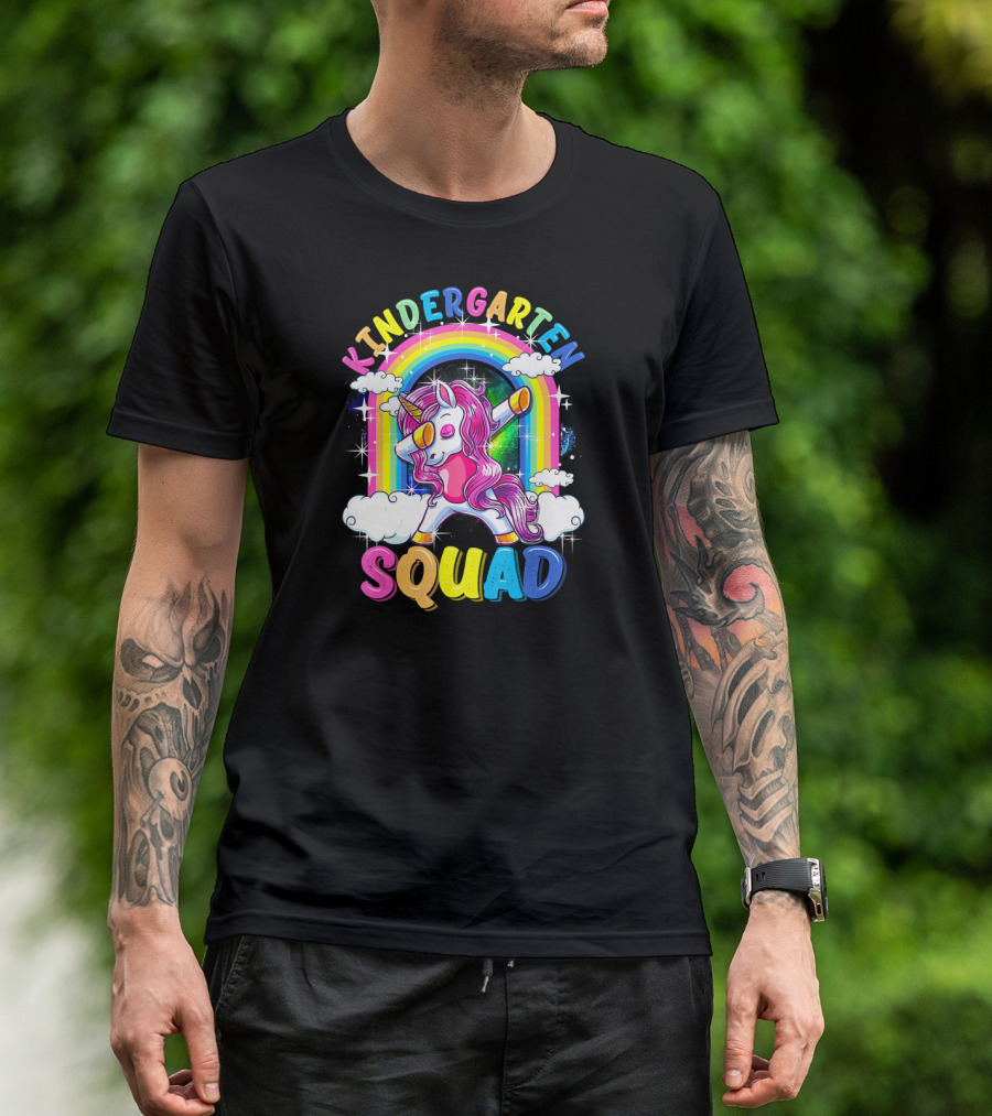 Kindergarten Squad Dabbing Unicorn Rainbow Stars Clouds T-Shirt