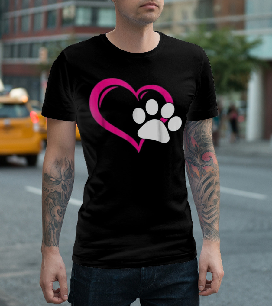 Cute I Love My Dog Puppy Cat Paw Heart T-Shirt