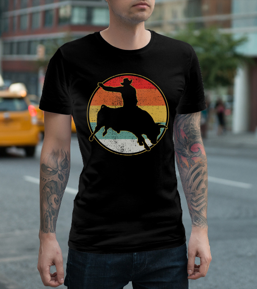 Bull Riding Cowboy Rider Western Vintage Silhouette Retro Sunset T-Shirt