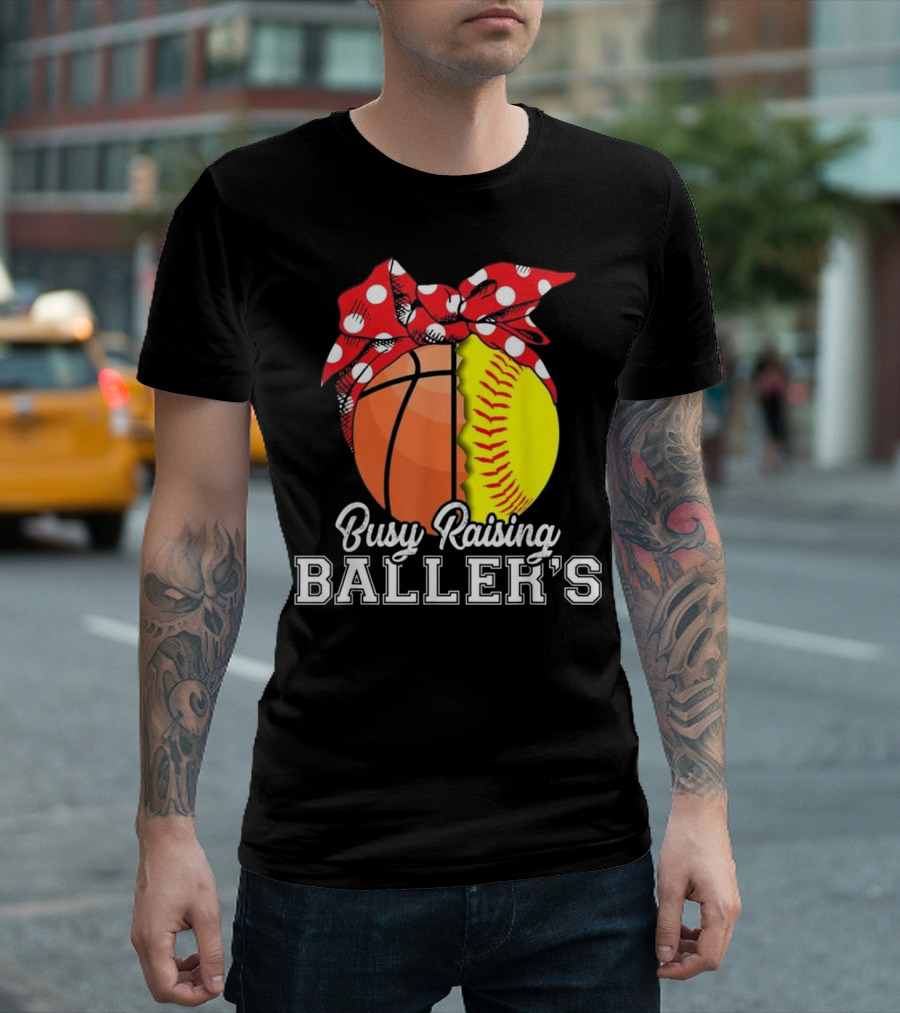 Busy Raising Baller's Basketball Softball Polka Dot Bow T-Shirt
