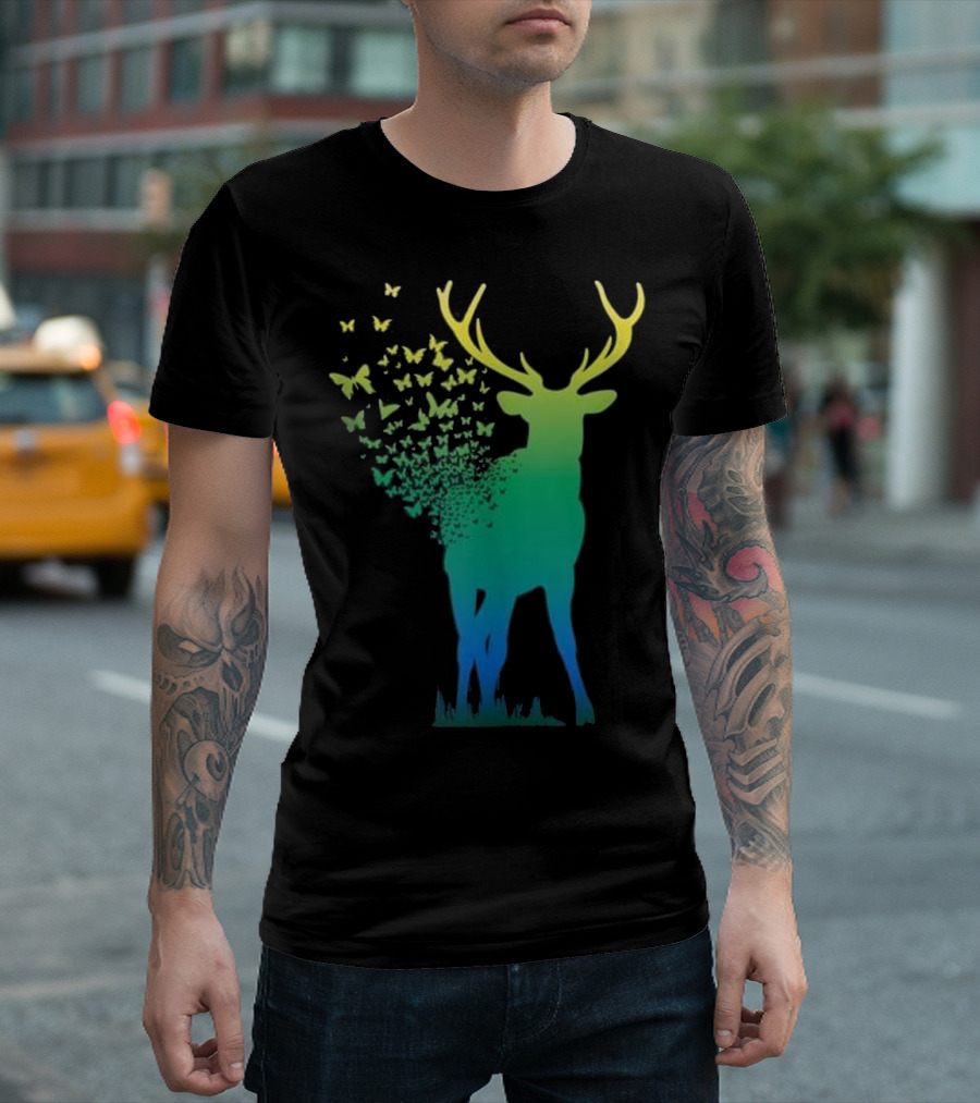 Butterfly Buck Antlers Nature Scene Deer T-Shirt