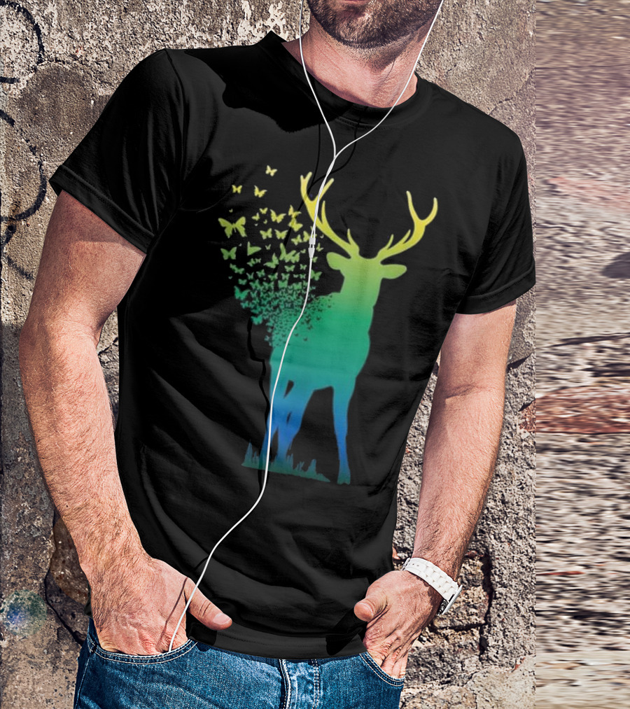 Butterfly Buck Antlers Nature Scene Deer T-Shirt