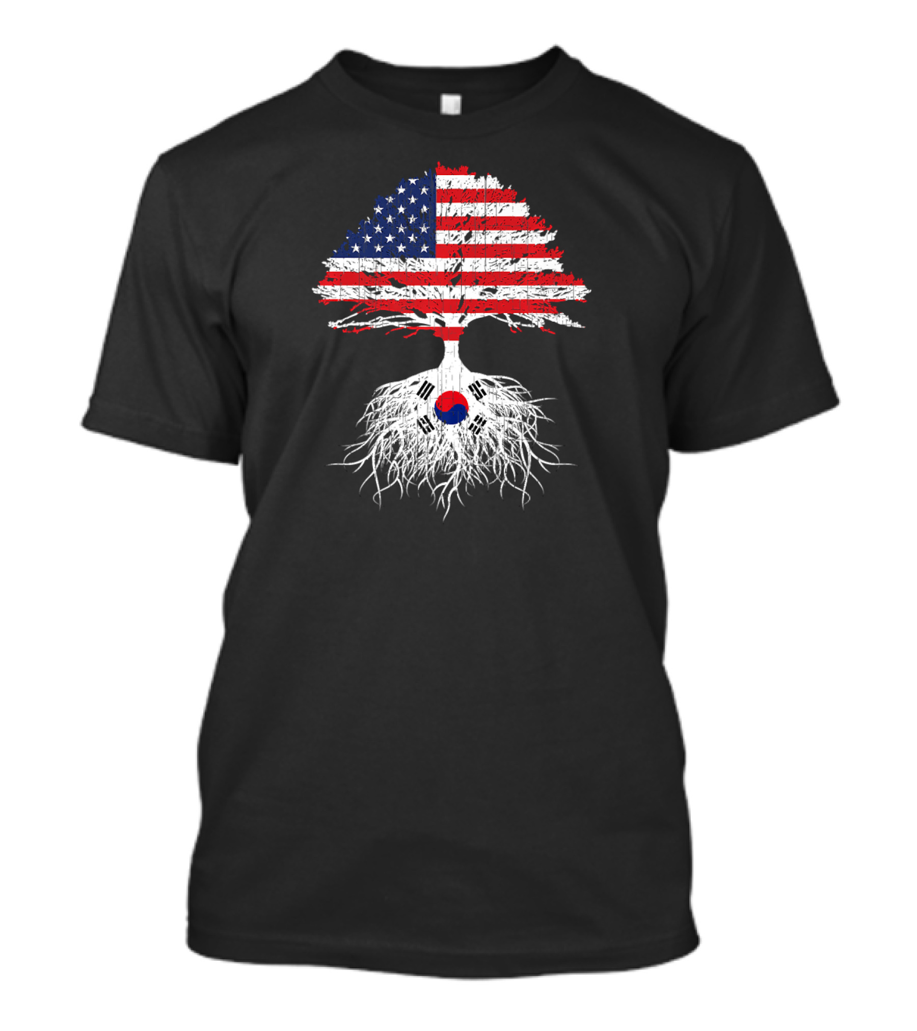 Korean Roots Korean American Korea Flag Symbolic Tree With American Stars And Stripes And Korean Emblem T-Shirt