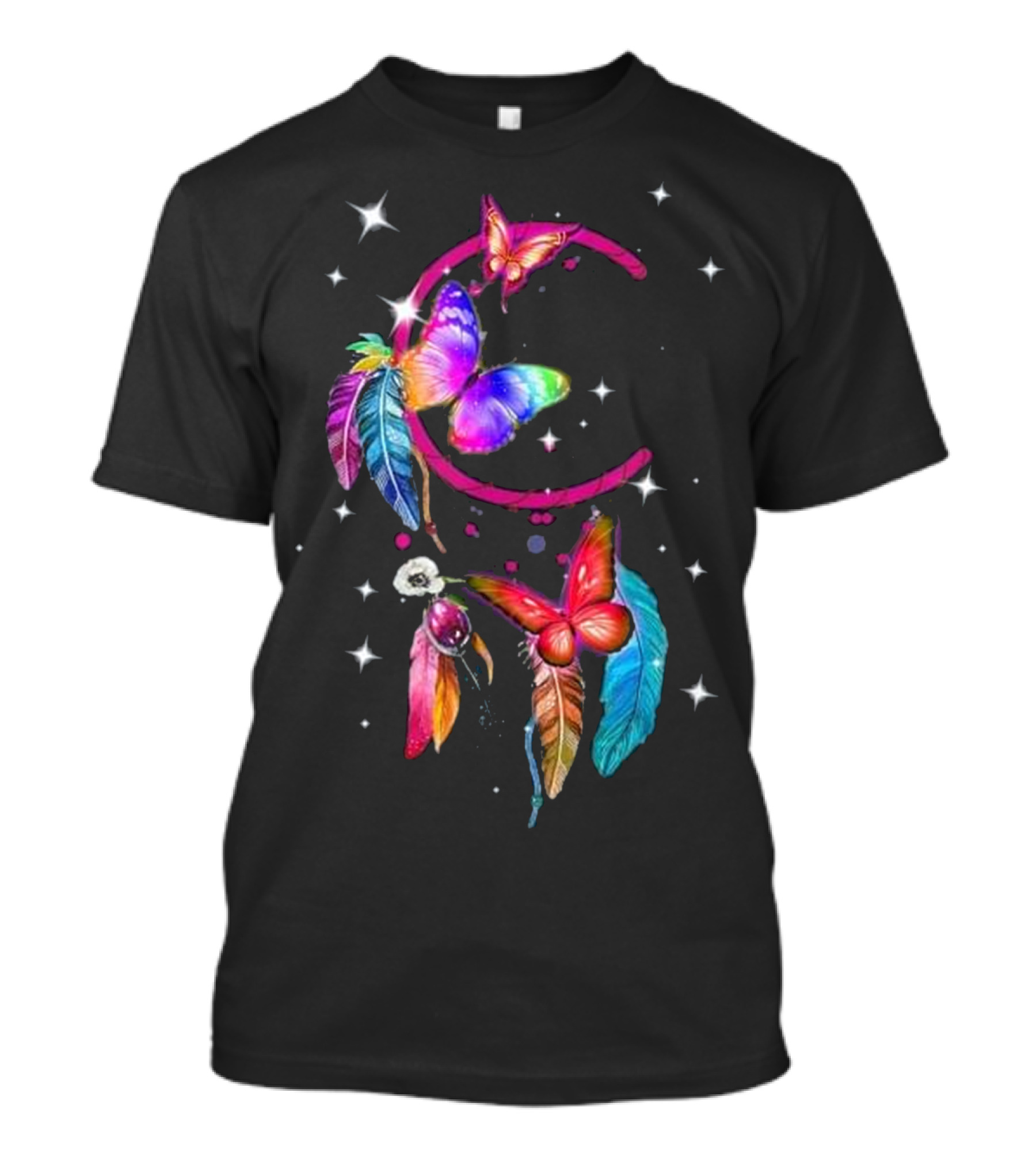 Butterfly Moon Dreamcatcher With Colorful Feathers And Stars T-Shirt