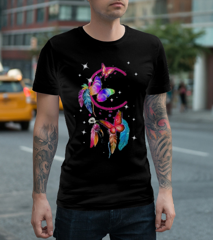 Butterfly Moon Dreamcatcher With Colorful Feathers And Stars T-Shirt