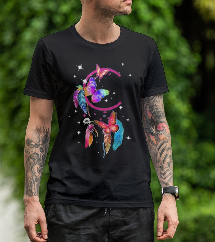 Butterfly Moon Dreamcatcher With Colorful Feathers And Stars T-Shirt