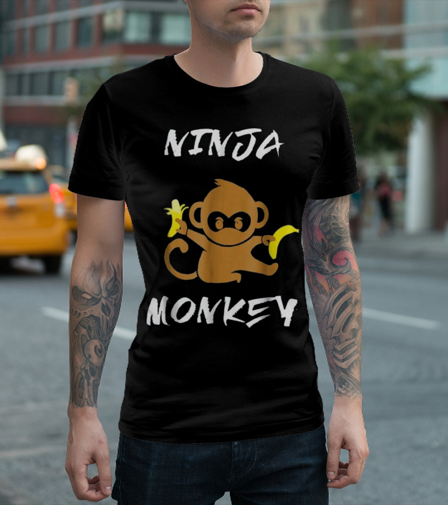 Ninja Monkey Martial Arts Banana Cartoon Sk Dual Wield Playful Pose T-Shirt