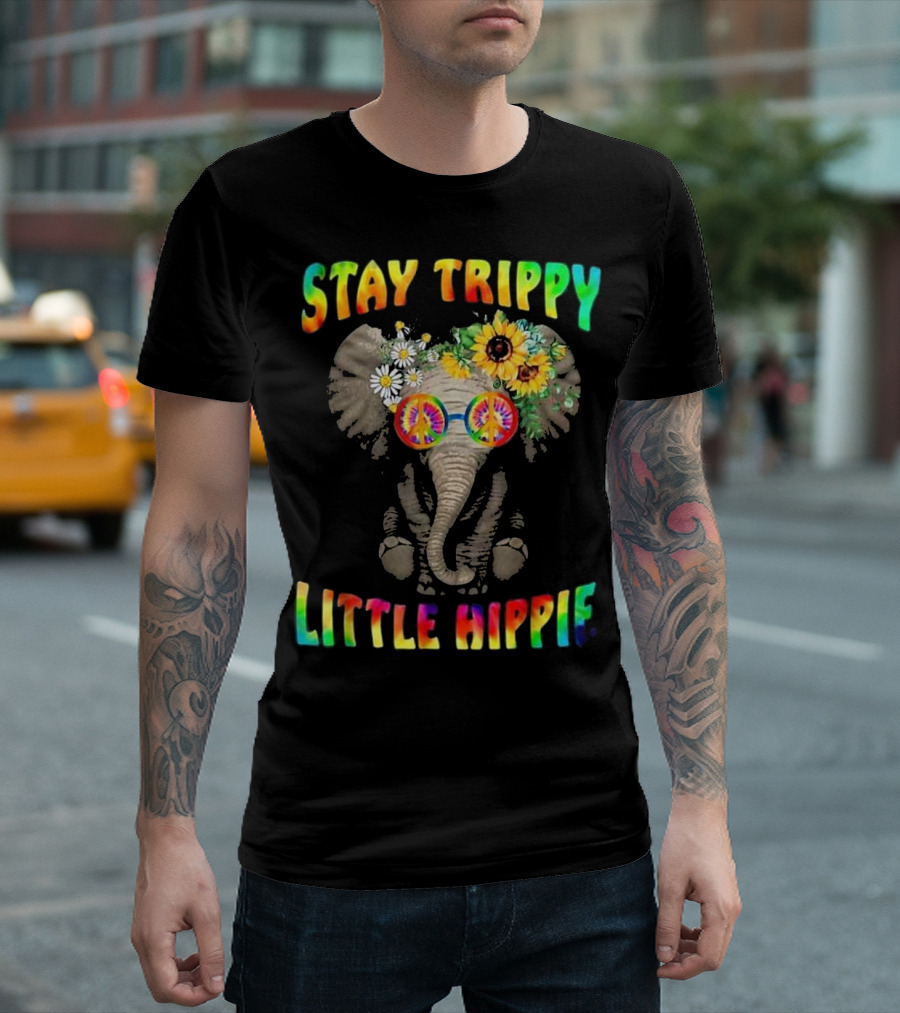 Stay Trippy Little Hippie Elephant with Peace Glasses and Flower Crown T-Shirt