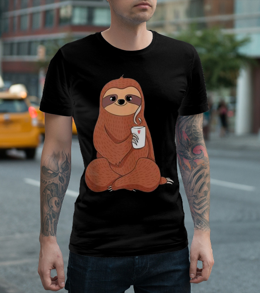 Cute Sloth Holding Heart Mug With Cozy Smile T-Shirt