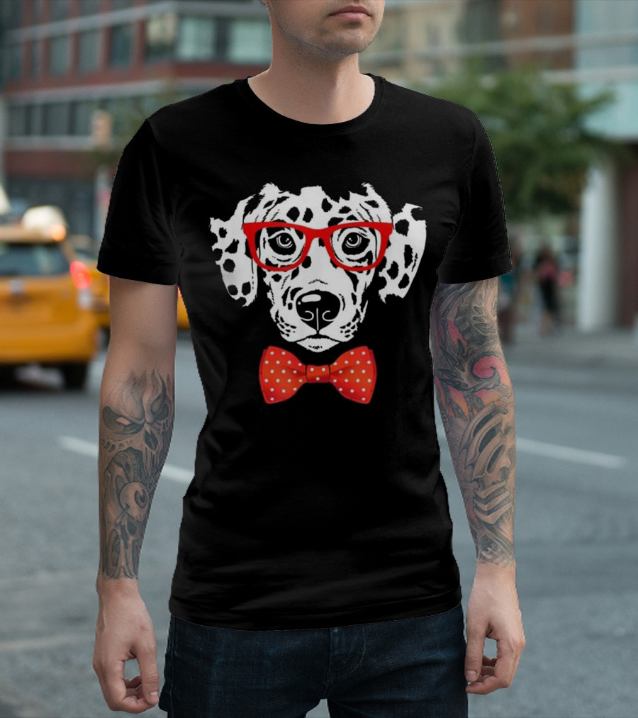Dalmatian with Red Glasses and Polka Dot Bow Tie T-Shirt