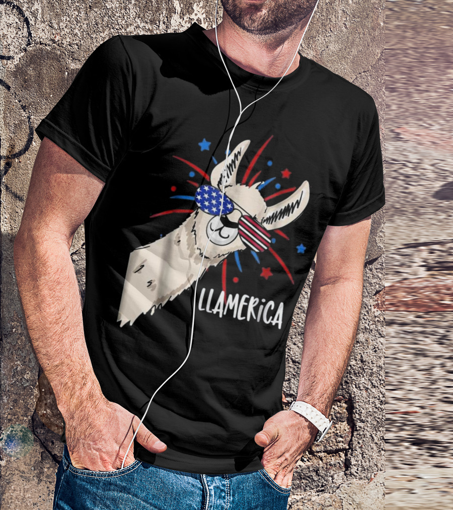LLAmerica Funny Patriotic Llama Party With American Flag Sunglasses T-Shirt