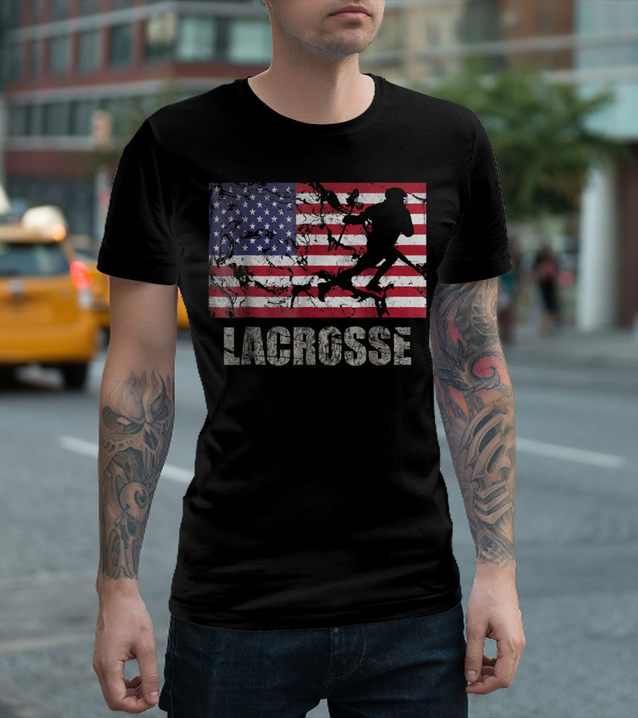 Lacrosse American Flag USA Flag Player Silhouette Fan T-Shirt