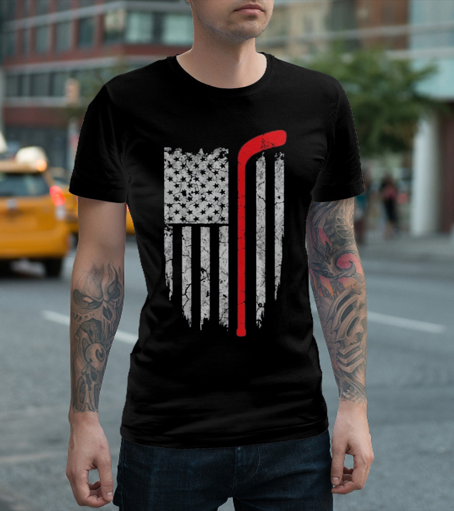 American Flag Hockey Stick USA Hockey T-Shirt