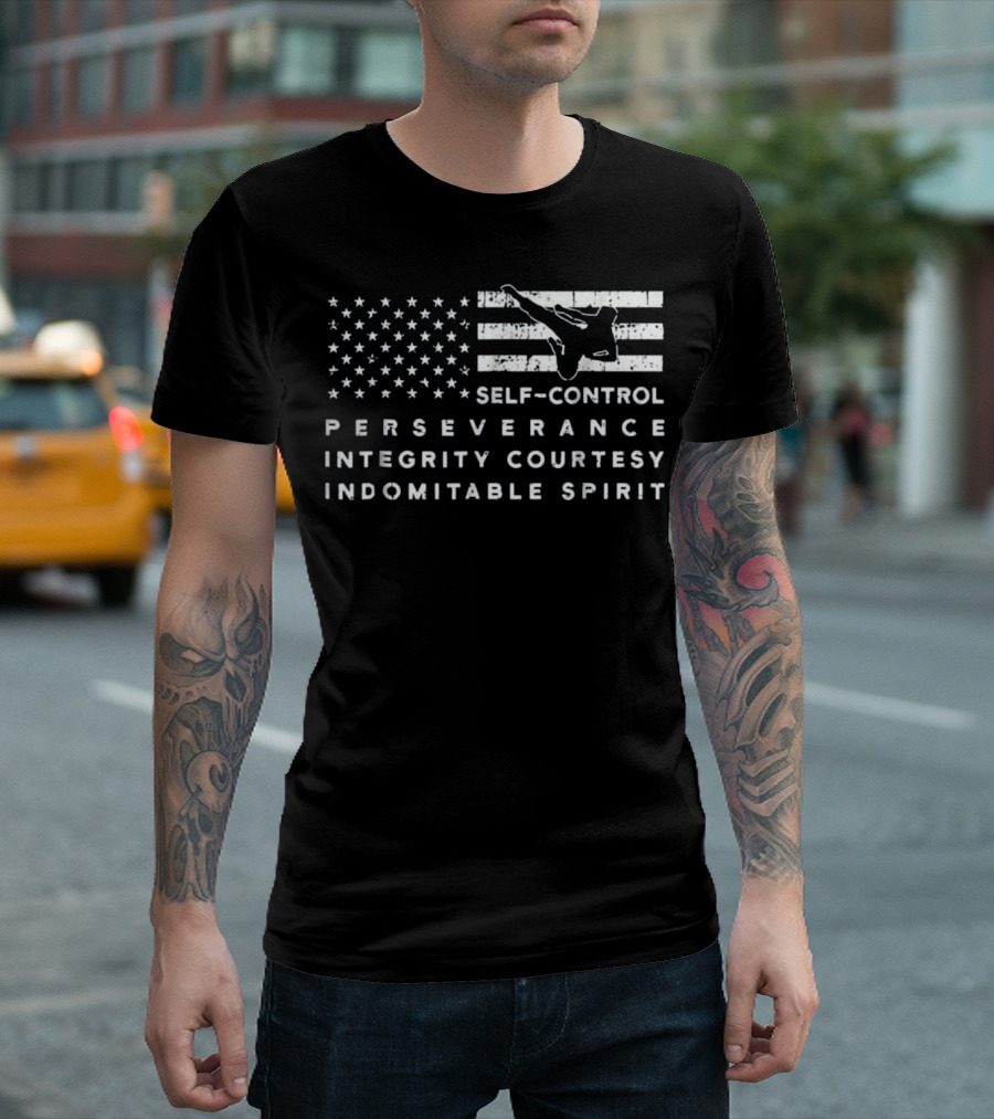 Proud American Flag Taekwondo Self-Control Perseverance Integrity Courtesy Indomitable Spirit T-Shirt