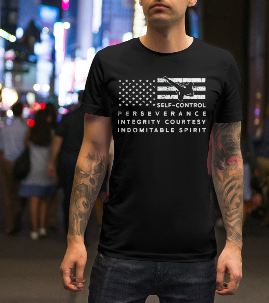 Proud American Flag Taekwondo Self-Control Perseverance Integrity Courtesy Indomitable Spirit T-Shirt