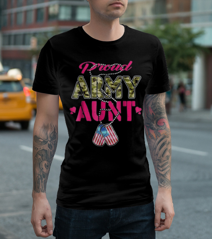 Proud Army Aunt Camo Military Dog Tags American Flag T-Shirt