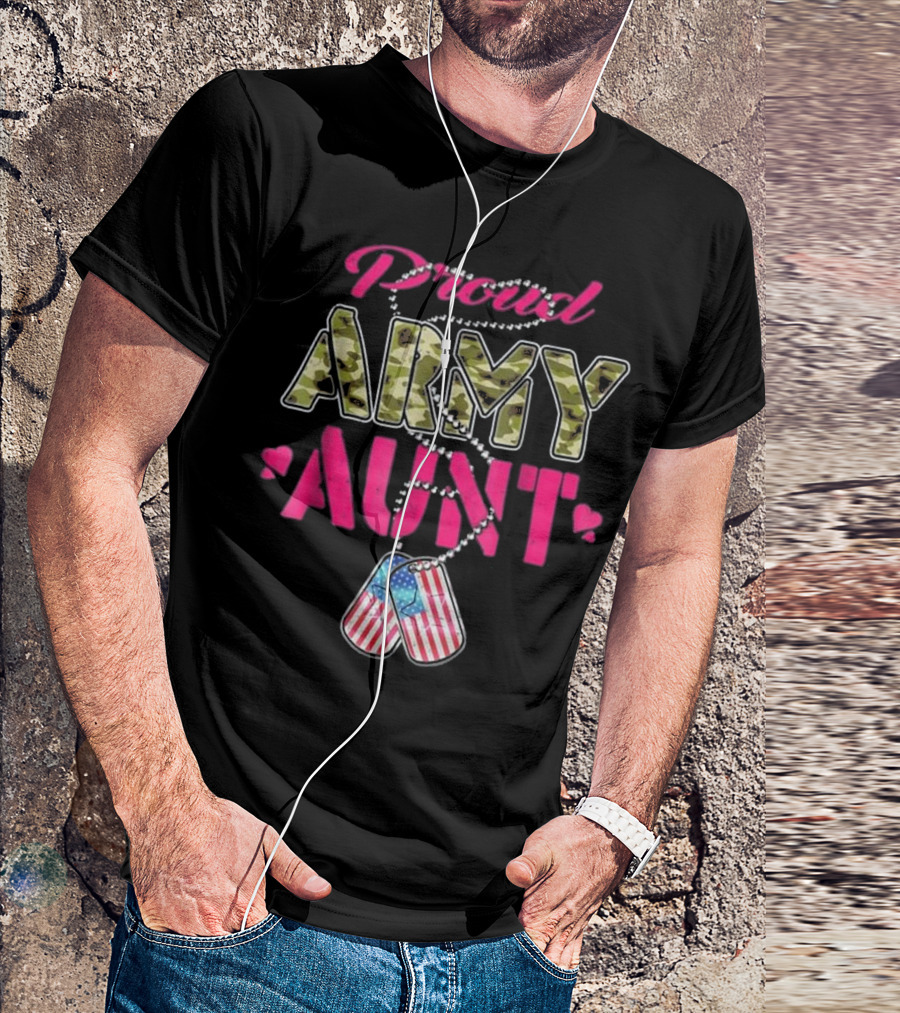 Proud Army Aunt Camo Military Dog Tags American Flag T-Shirt