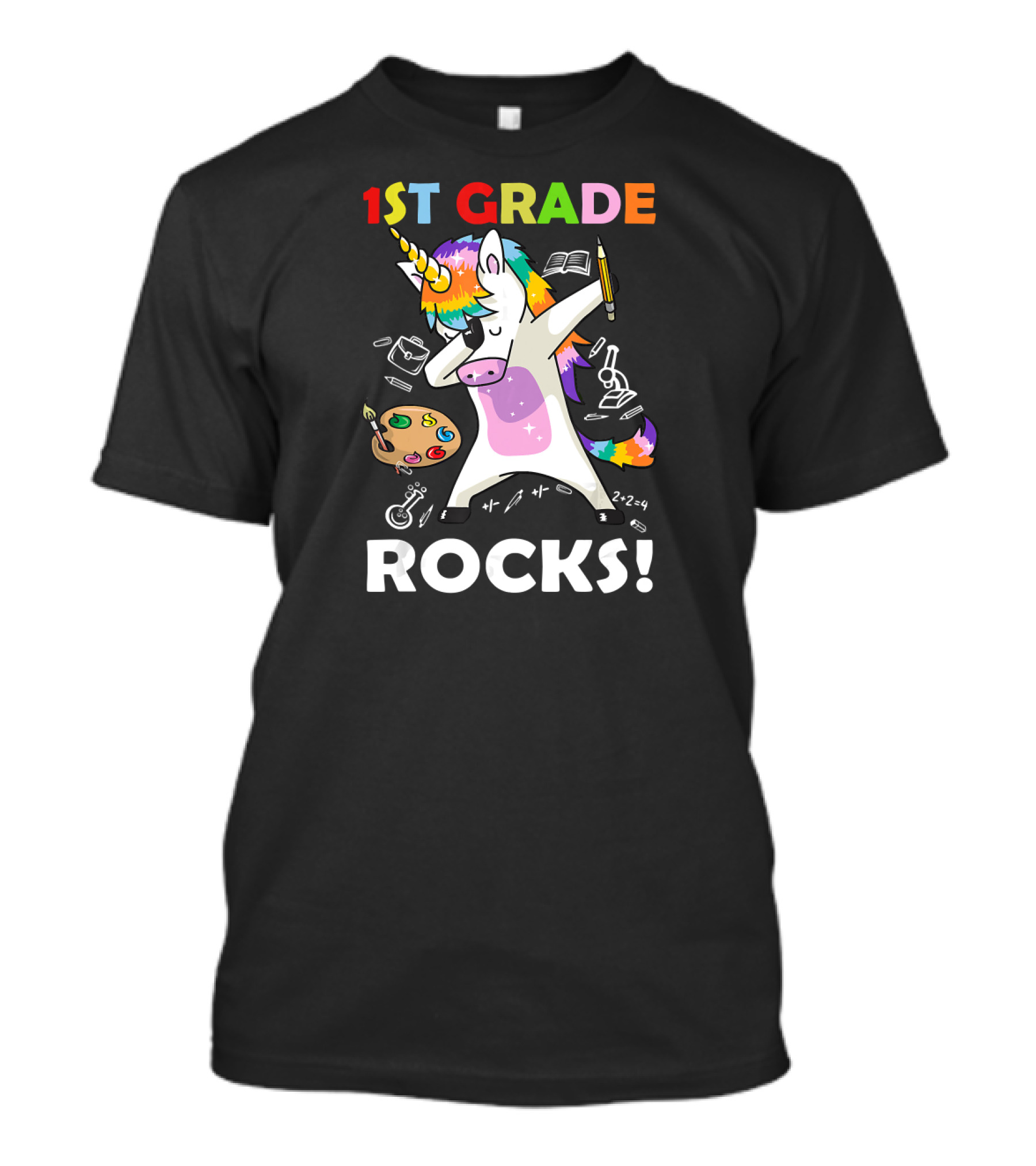 1st Grade Rocks Unicorn Dabbing With School Supplies And Rainbow Mane T-Shirt