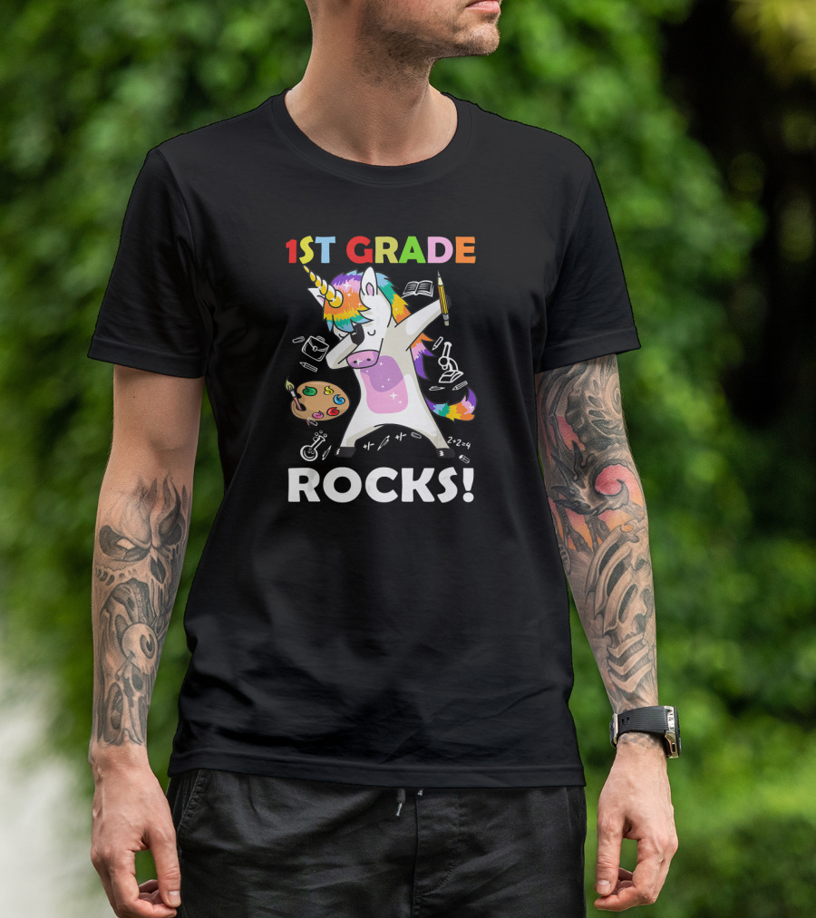 1st Grade Rocks Unicorn Dabbing With School Supplies And Rainbow Mane T-Shirt