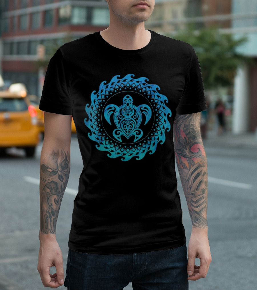 Sea Turtle Hawaii Ocean Blue Tribal Wave T-Shirt