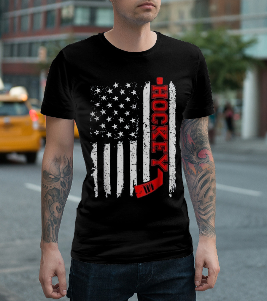 Hockey Stick Red American Flag Distress T-Shirt