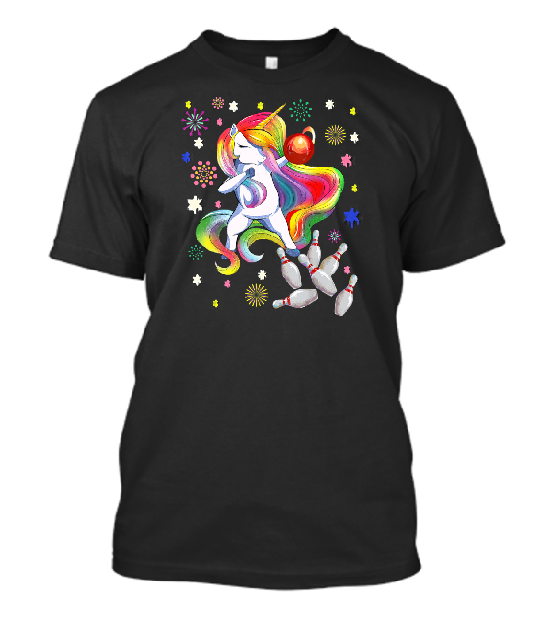 Dabbing Bowling Unicorn With Colorful Stars And Pins T-Shirt