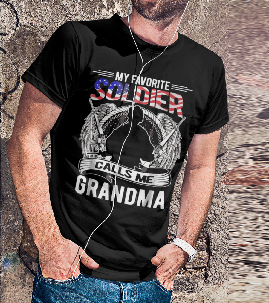 My Favorite Soldier Calls Me Grandma USA Flag Wings Rifle T-Shirt