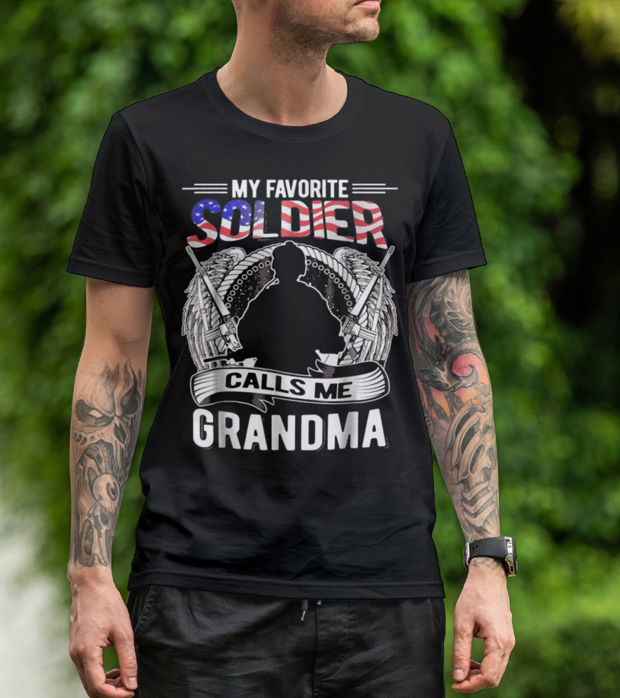 My Favorite Soldier Calls Me Grandma USA Flag Wings Rifle T-Shirt