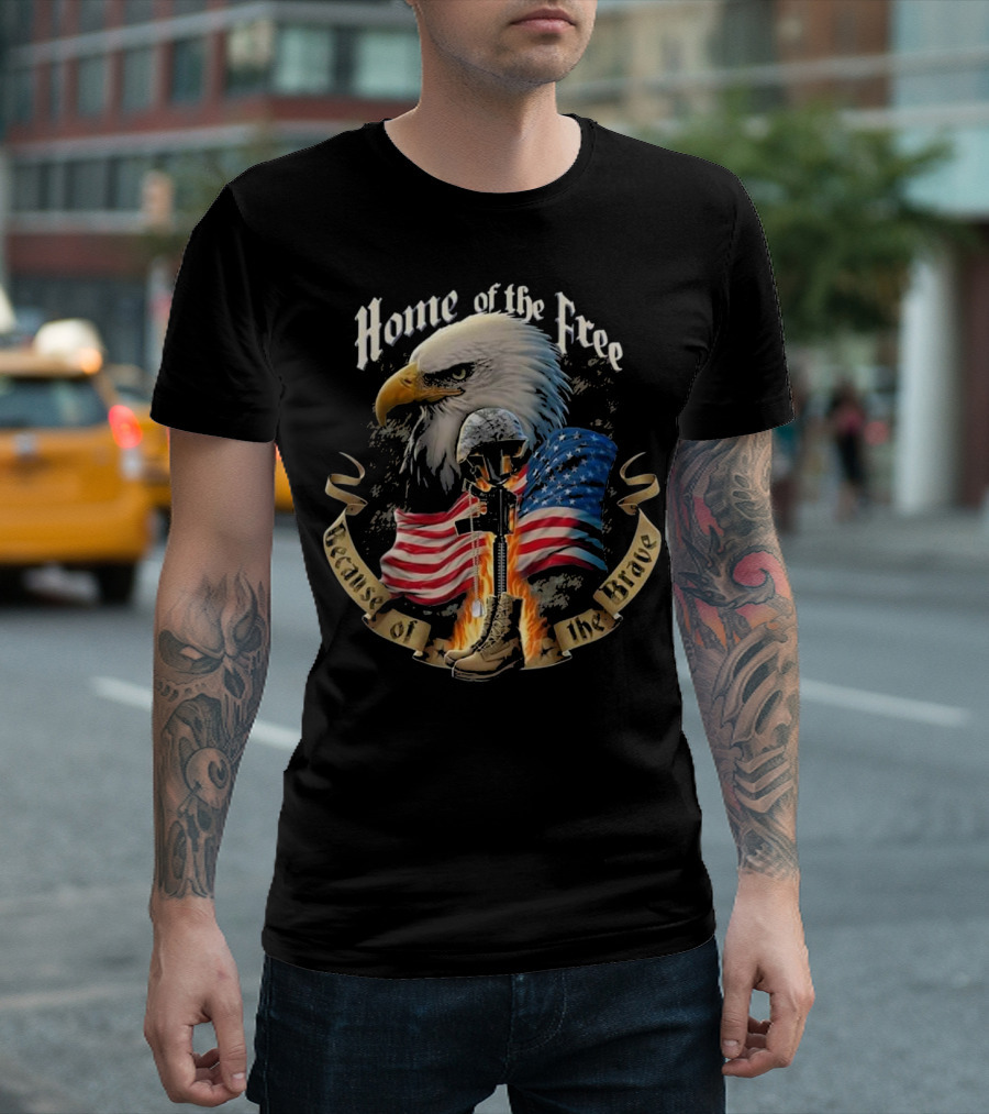 Eagle with Helmet and American Flags Home Of The Free Because Of The Brave T-Shirt