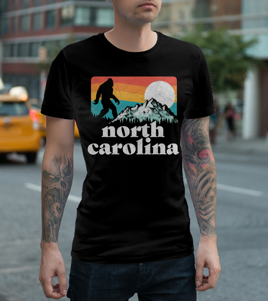 North Carolina Retro Bigfoot Silhouette with Mountains and Sunset T-Shirt