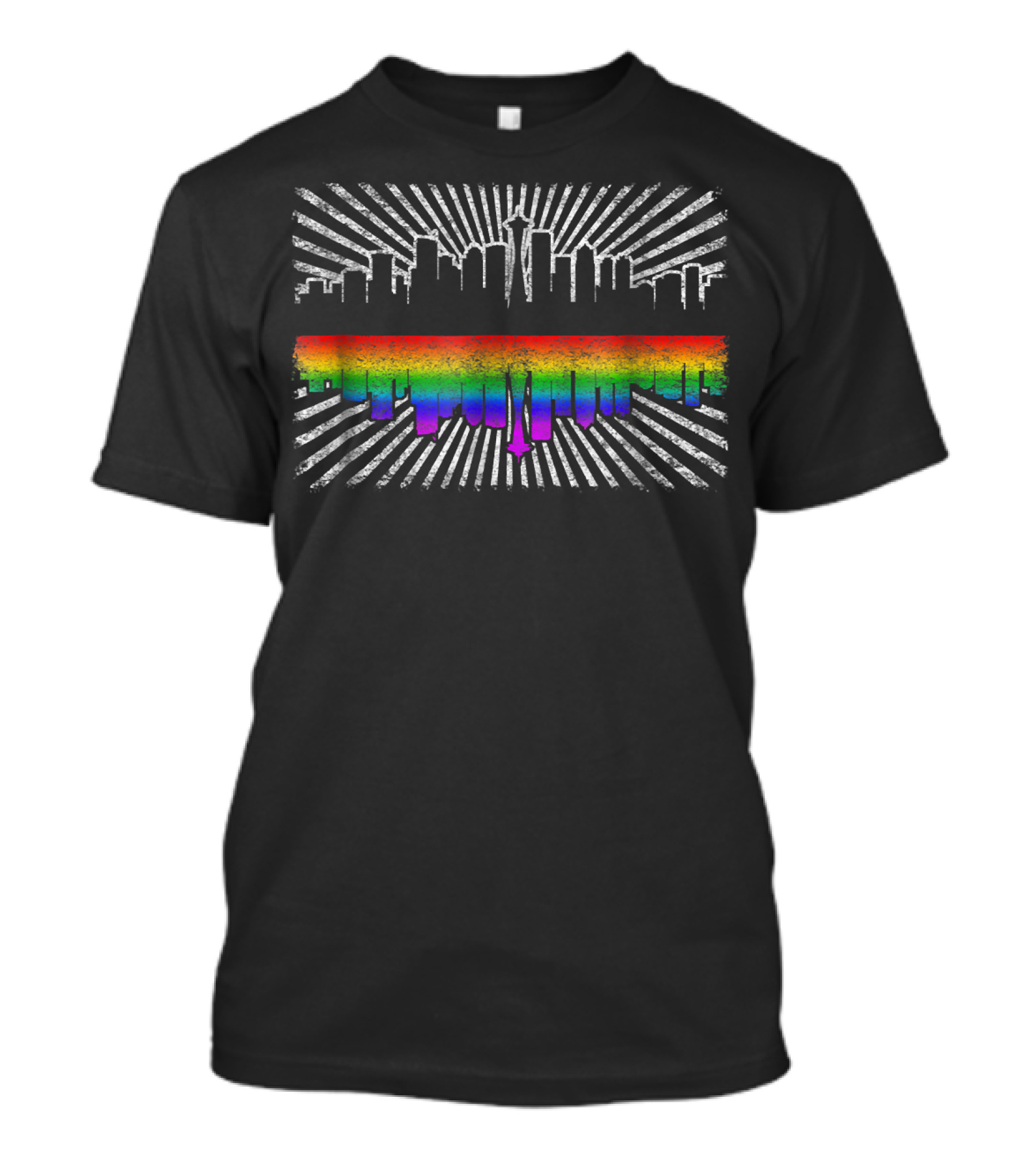 Seattle Gay Pride Rainbow Skyline Retro Sunburst Ga T-Shirt