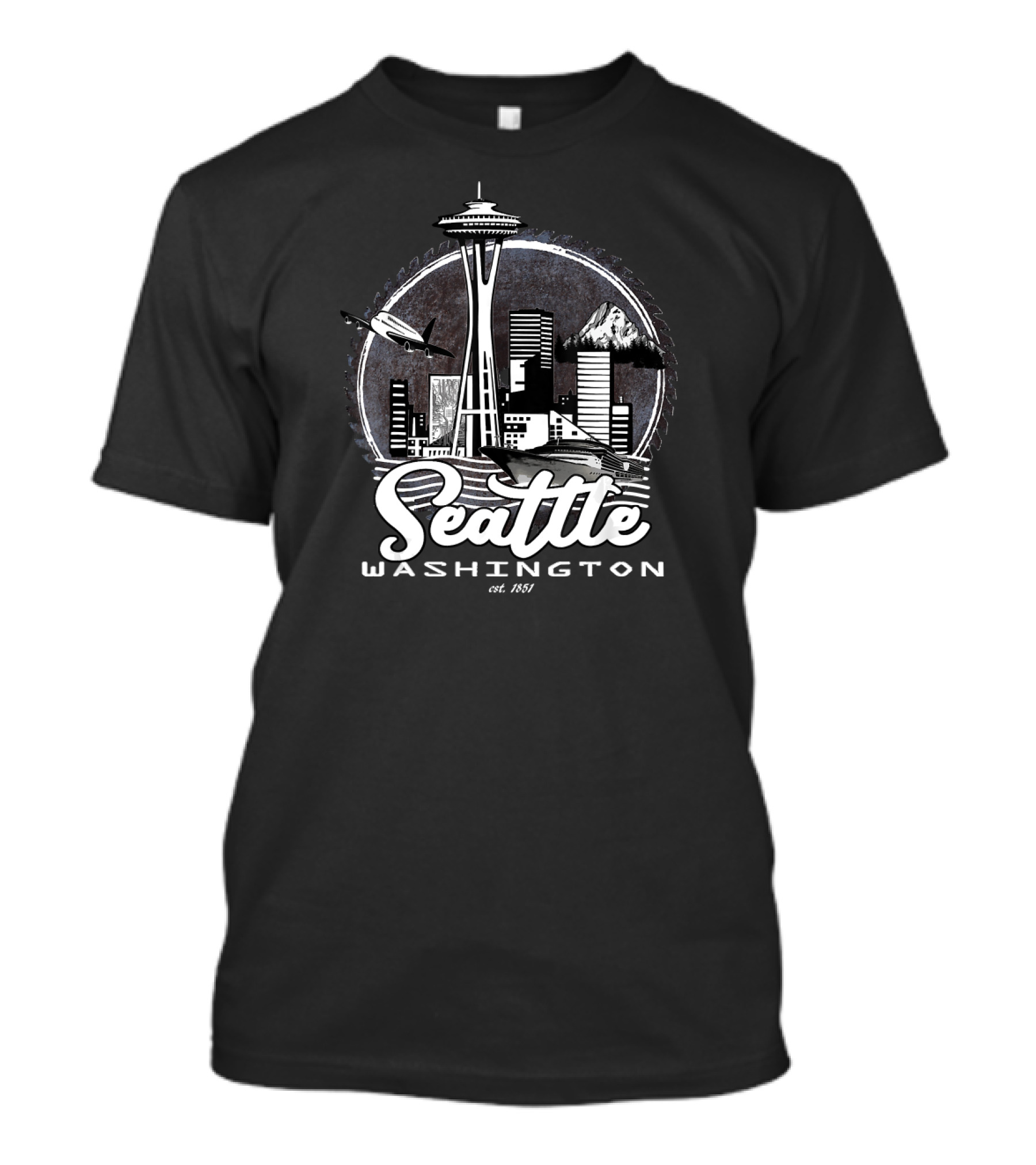 Seattle Washington Established 1851 Space Needle Cityscape And Mountain T-Shirt