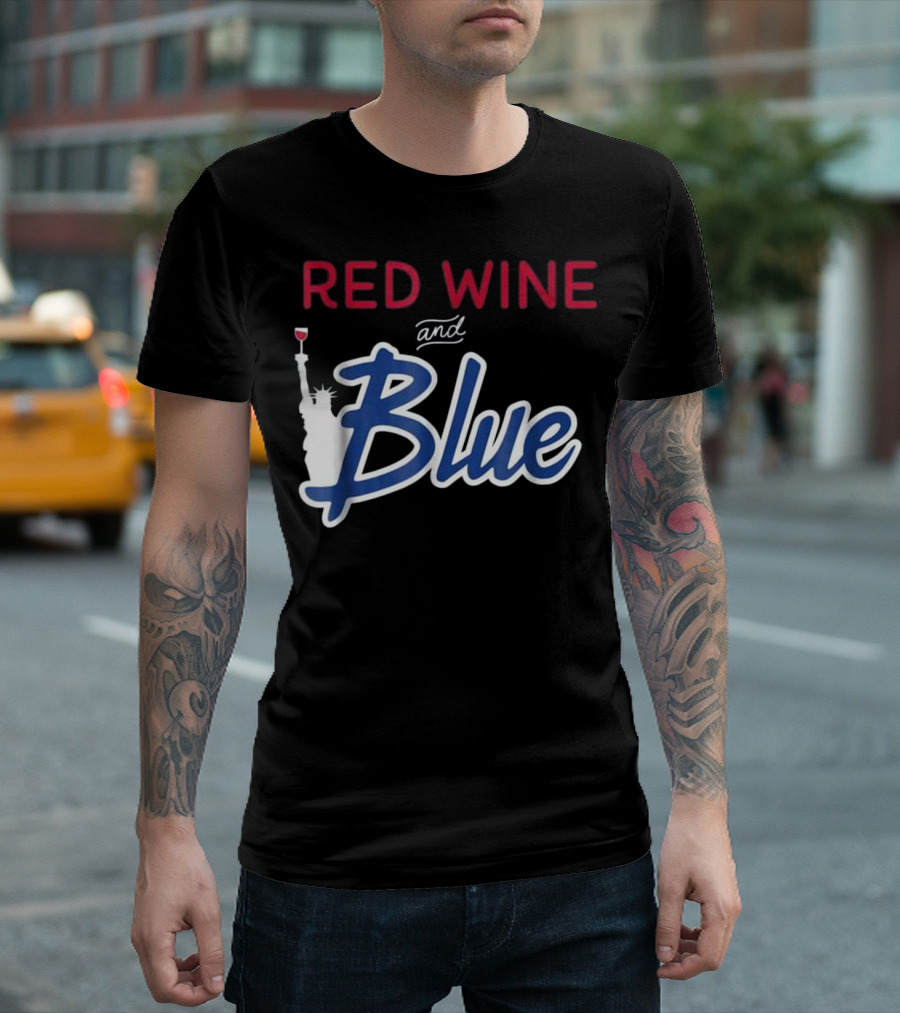 Red Wine And Blue Statue Of Liberty Holding Wine Glass T-Shirt