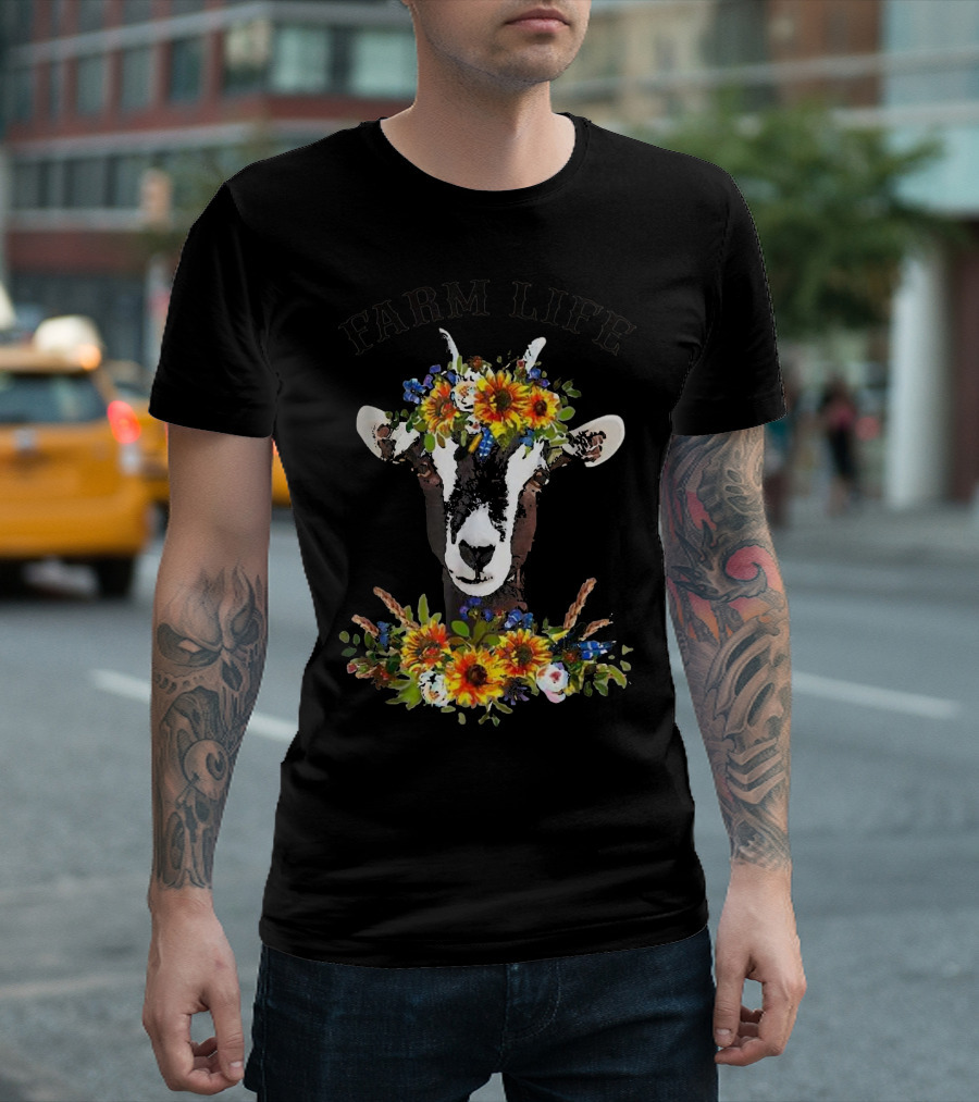 Farm Life Goat Sunflower Wreath Floral Bouquet T-Shirt