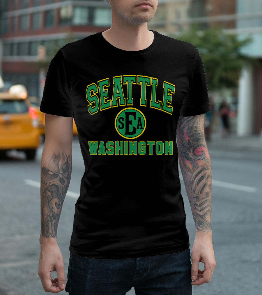 Seattle SEA Varsity Style Green Print Washington T-Shirt