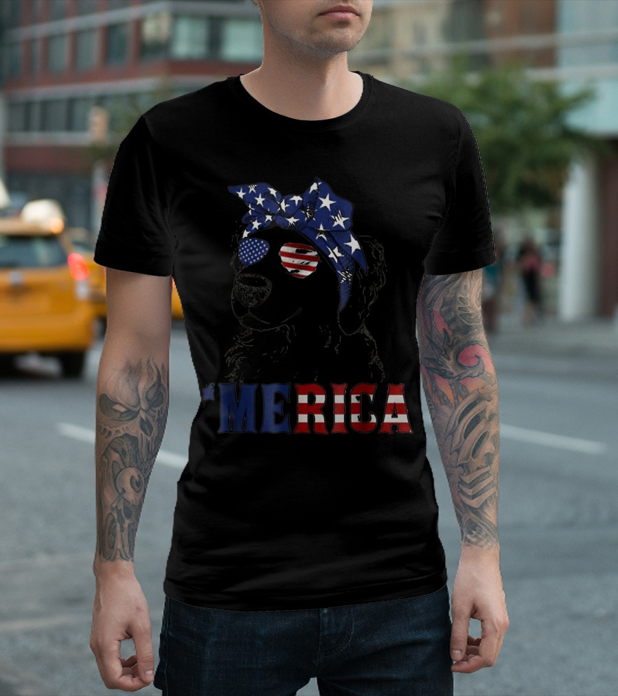 'Merica Patriotic American Flag Golden Retriever with Stars and Stripes Bandana and Sunglasses T-Shirt