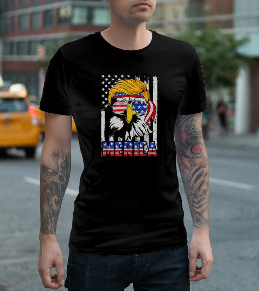 Merica Bald Eagle Trump Hair American Flag Sunglasses 4th of July T-Shirt